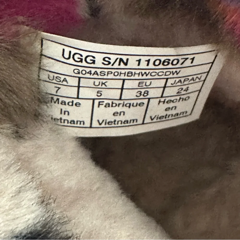 UGG Fluff Mini Quilted Motlee Pink Suede Multicolor Fur Cuff Ankle Boots Size 7